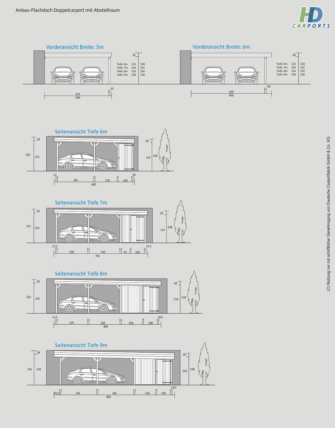 Technische Ansichten Anbau Einzelcarport mit Abstellraum