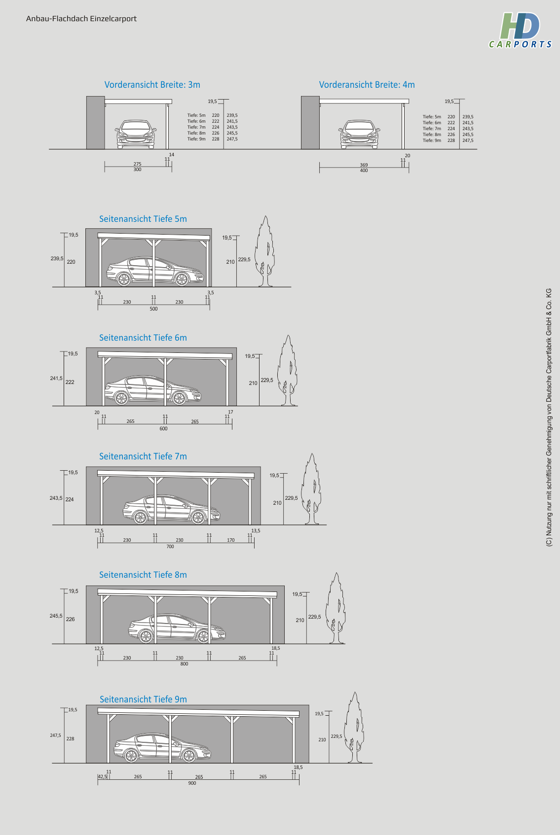 Technische Ansichten Anbau Einzelcarport