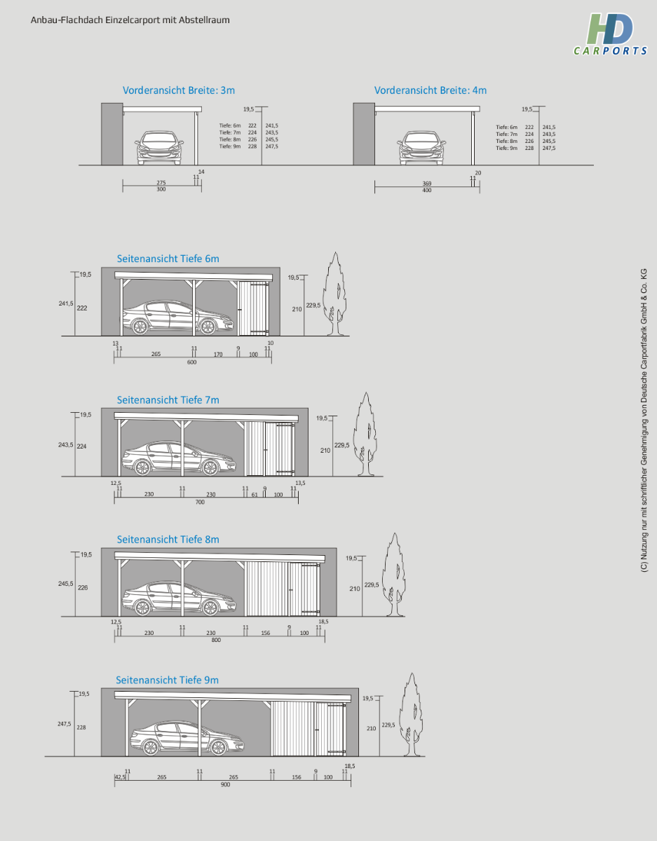 Technische Ansichten Anbau Einzelcarport mit Abstellraum