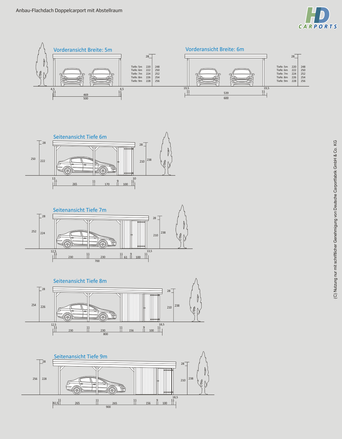 Technische Ansichten Flachdach Doppelcarport mit Abstellraum