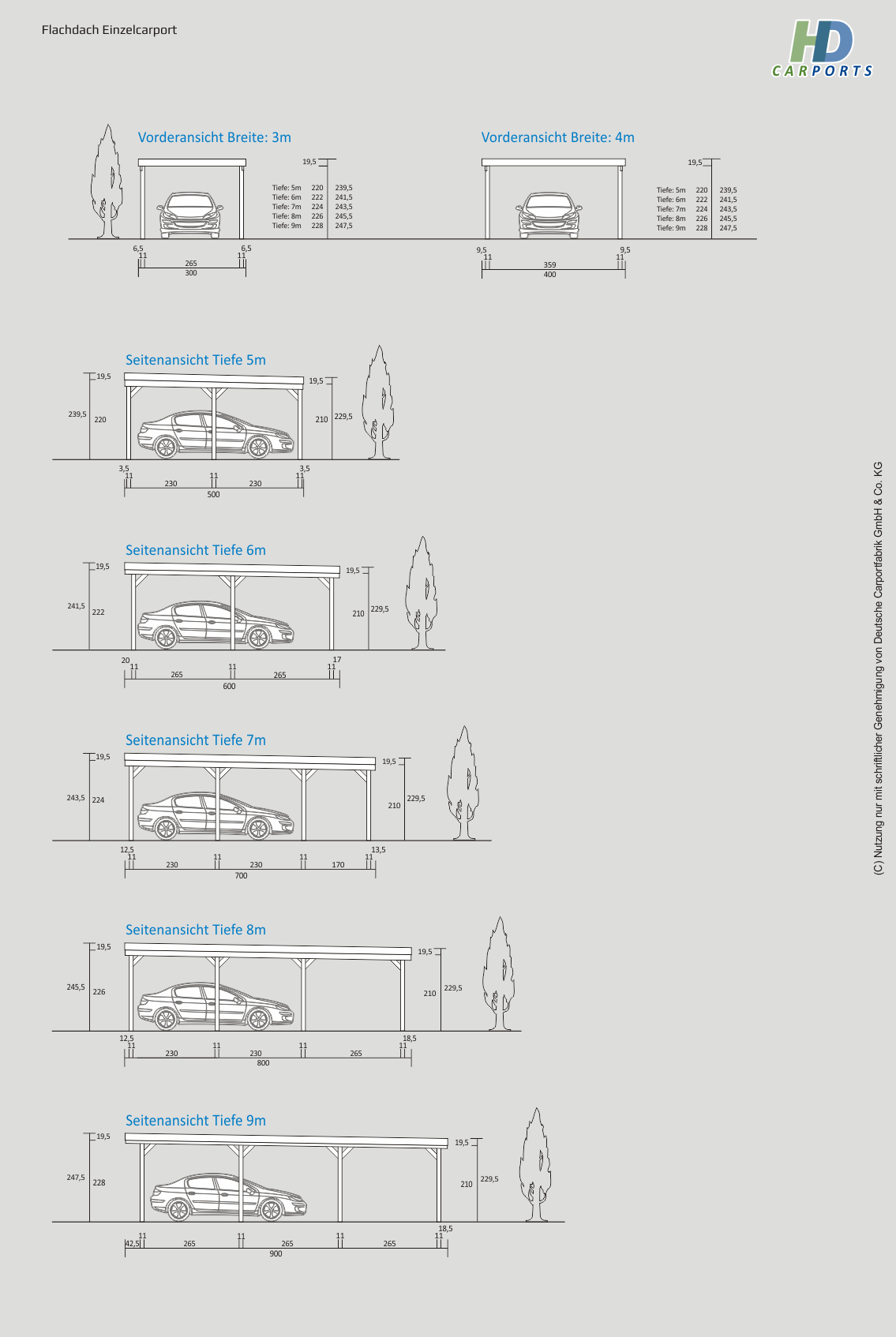 Technische Ansichten Flachdach Einzelcarport