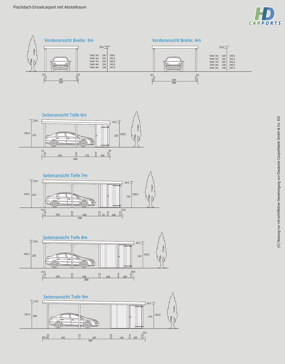 Technische Ansichten Flachdach Einzelcarport mit Abstellraum