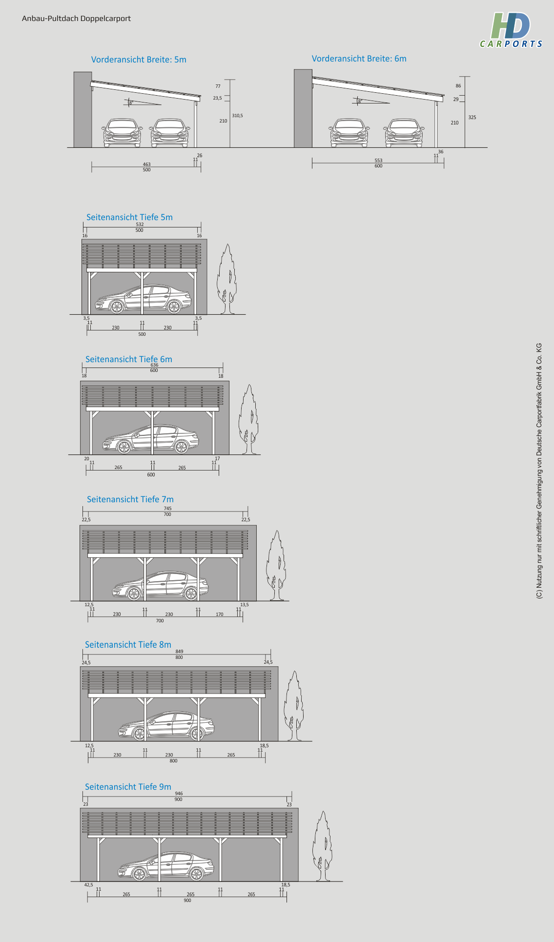 Technische Ansichten Doppel Pultdachcarport