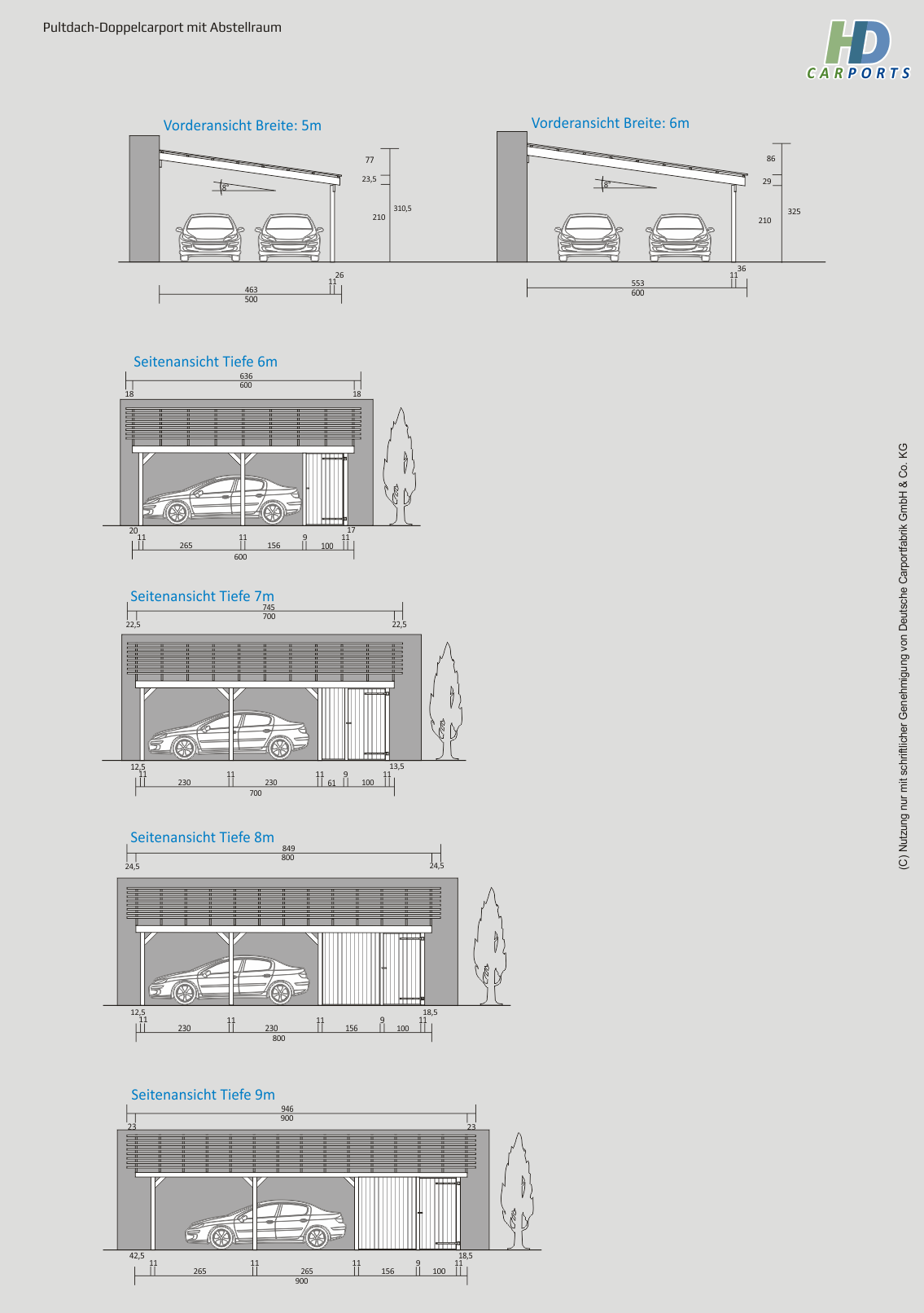 Technische Ansichten Doppel Pultdachcarport mit Abstellraum