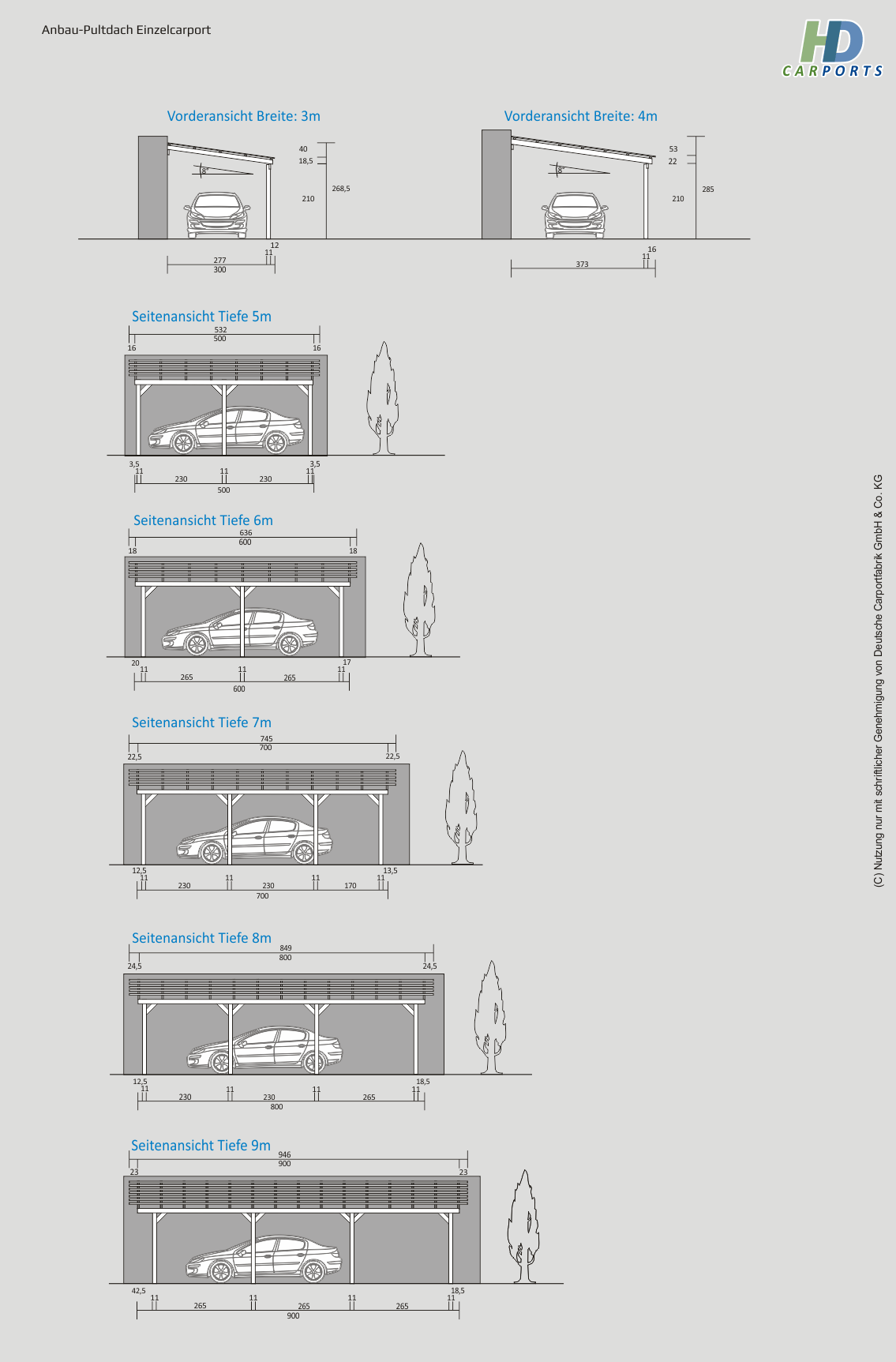 technische Ansichten Pultdach Einzelcarport ohne Abstellraum 1