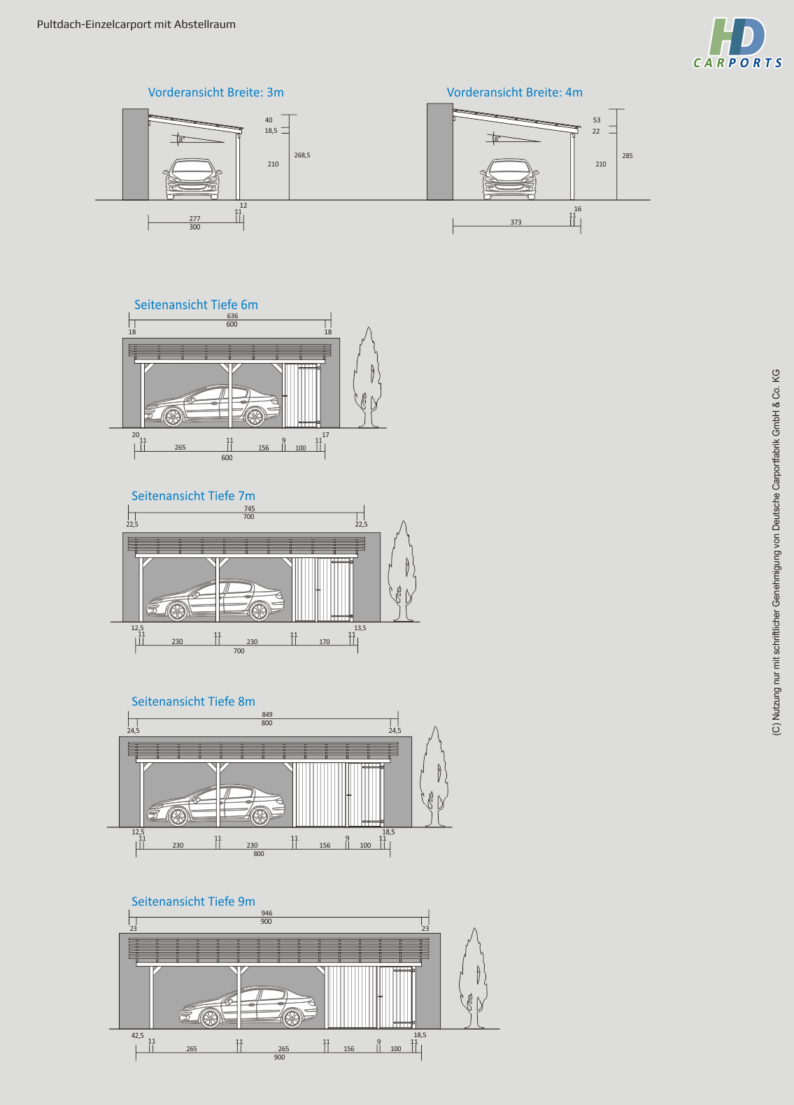 Technische Ansichten Pultdach Einzelcarport mit Abstellraum