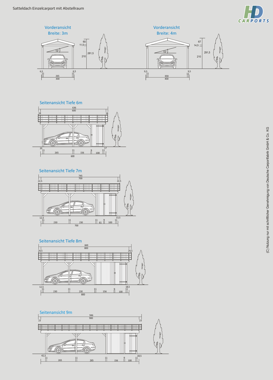 Technische Ansichten Satteldach Einzelcarport mit Abstellraum